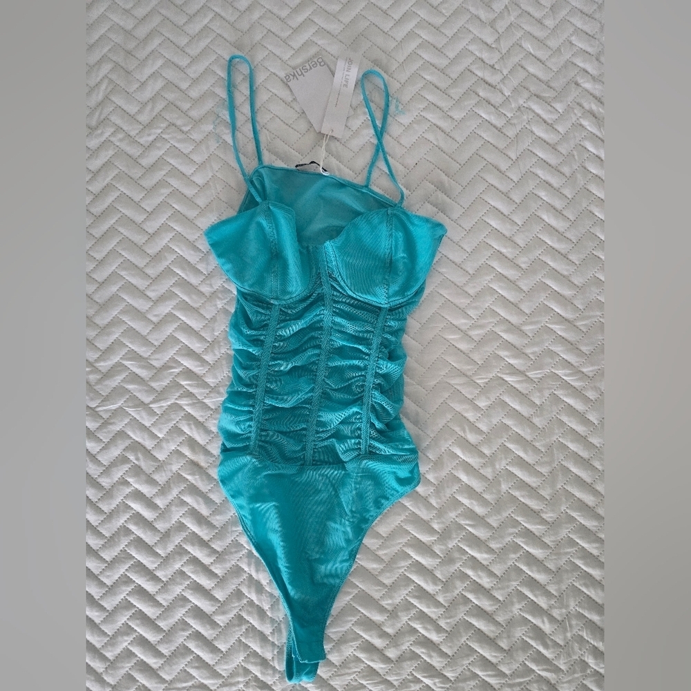 Bershka Ruched Semi Sheer Thong Bodysuit NWT - Picture 2 of 7